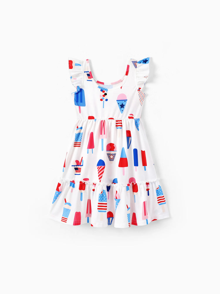Independence Day Family Matching Patriotic Ice Cream Print Summer Cotton T-shirt & V-Neck Dresses White