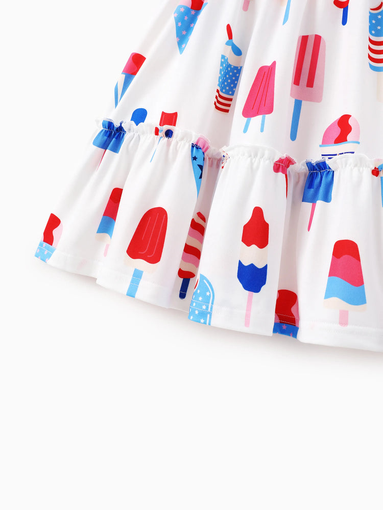 Independence Day Family Matching Patriotic Ice Cream Print Summer Cotton T-shirt & V-Neck Dresses White