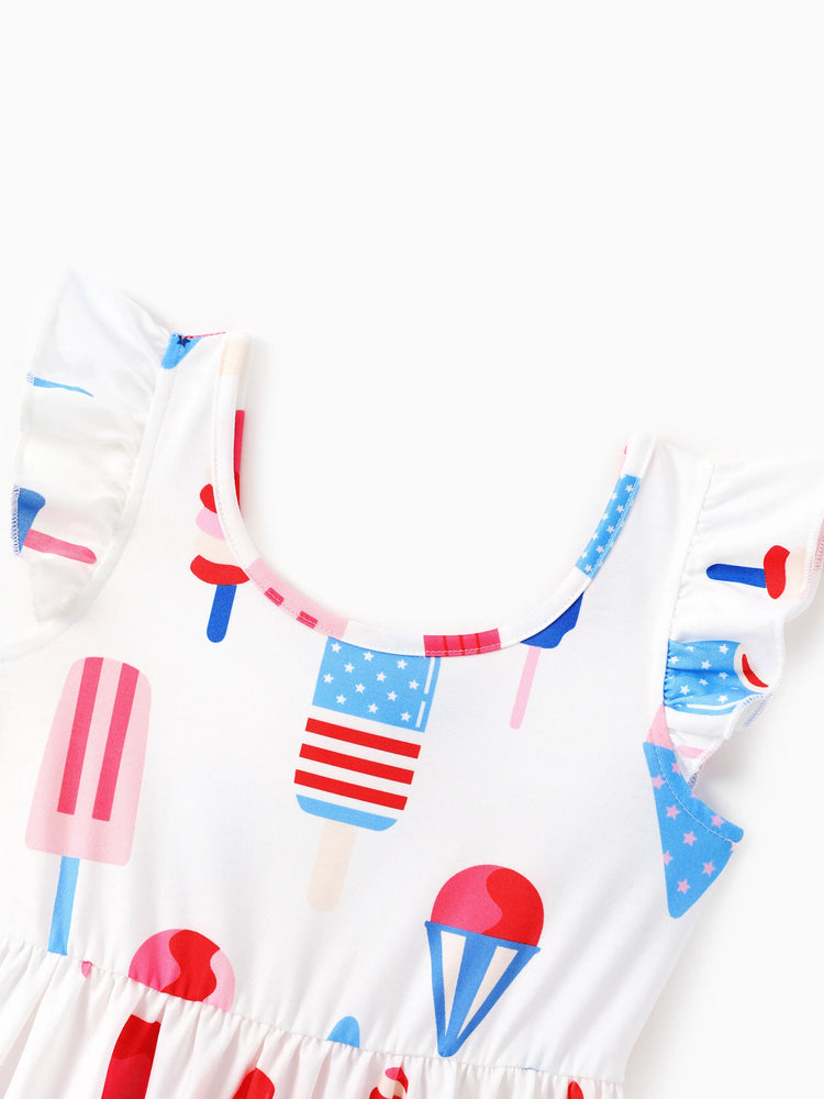 Independence Day Family Matching Patriotic Ice Cream Print Summer Cotton T-shirt & V-Neck Dresses White
