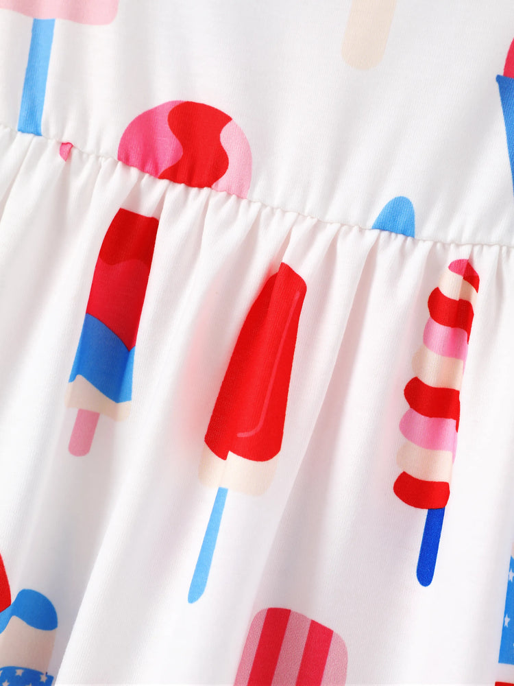 Independence Day Family Matching Patriotic Ice Cream Print Summer Cotton T-shirt & V-Neck Dresses White
