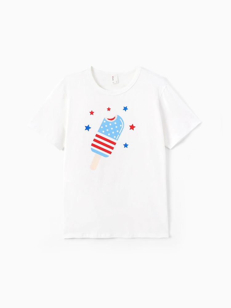 Independence Day Family Matching Patriotic Ice Cream Print Summer Cotton T-shirt & V-Neck Dresses White