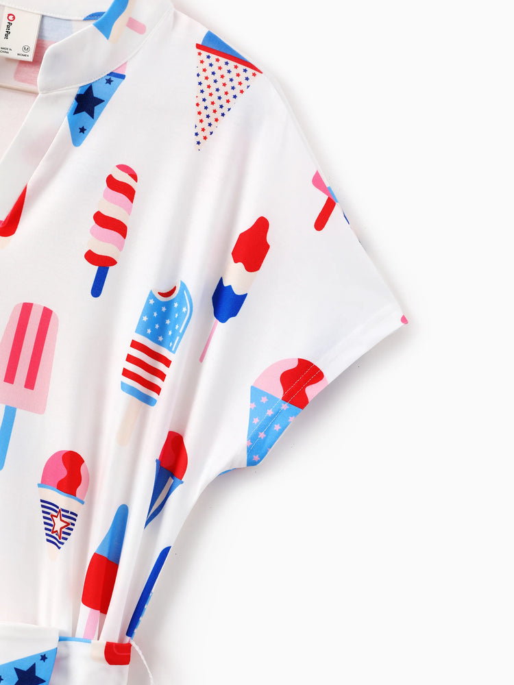 Independence Day Family Matching Patriotic Ice Cream Print Summer Cotton T-shirt & V-Neck Dresses White