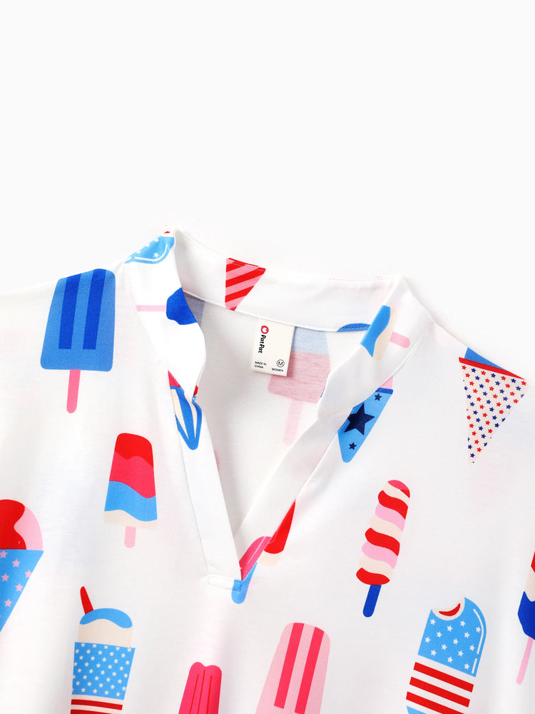 Independence Day Family Matching Patriotic Ice Cream Print Summer Cotton T-shirt & V-Neck Dresses White