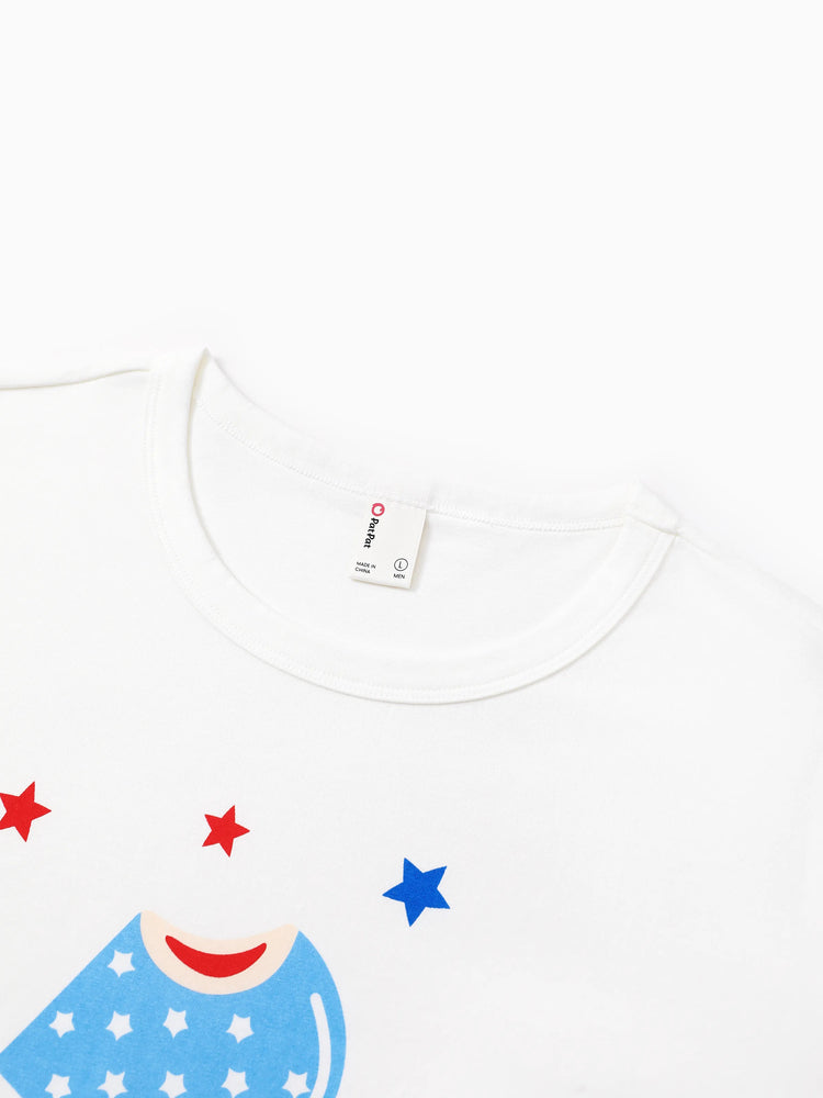 Independence Day Family Matching Patriotic Ice Cream Print Summer Cotton T-shirt & V-Neck Dresses White