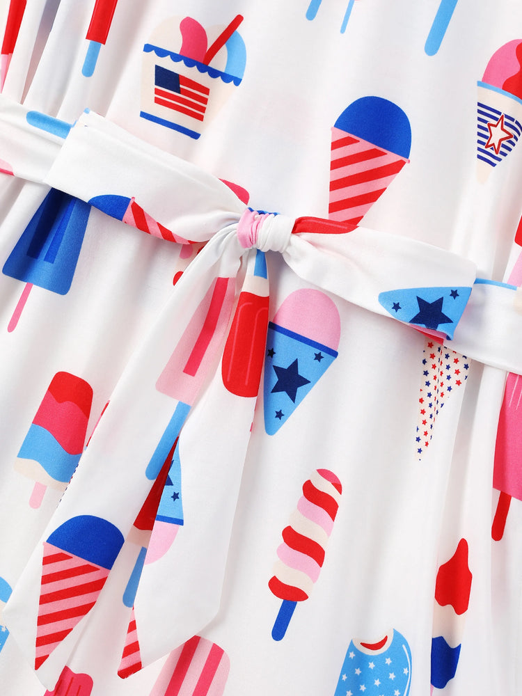 Independence Day Family Matching Patriotic Ice Cream Print Summer Cotton T-shirt & V-Neck Dresses White