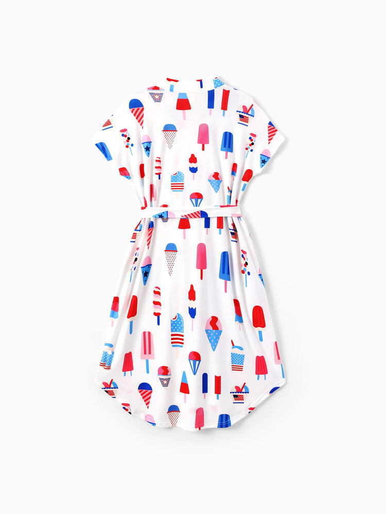 Independence Day Family Matching Patriotic Ice Cream Print Summer Cotton T-shirt & V-Neck Dresses White