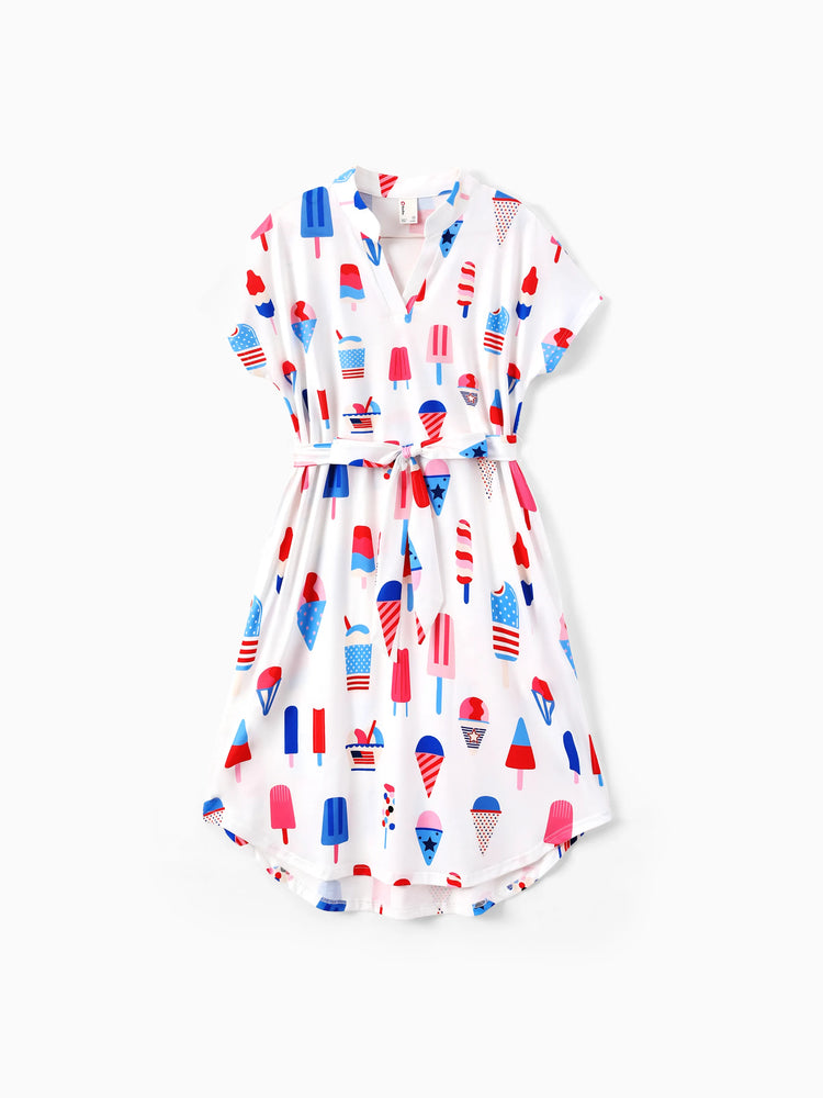 Independence Day Family Matching Patriotic Ice Cream Print Summer Cotton T-shirt & V-Neck Dresses White