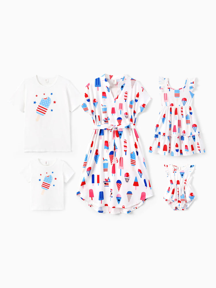 Independence Day Family Matching Patriotic Ice Cream Print Summer Cotton T-shirt & V-Neck Dresses White