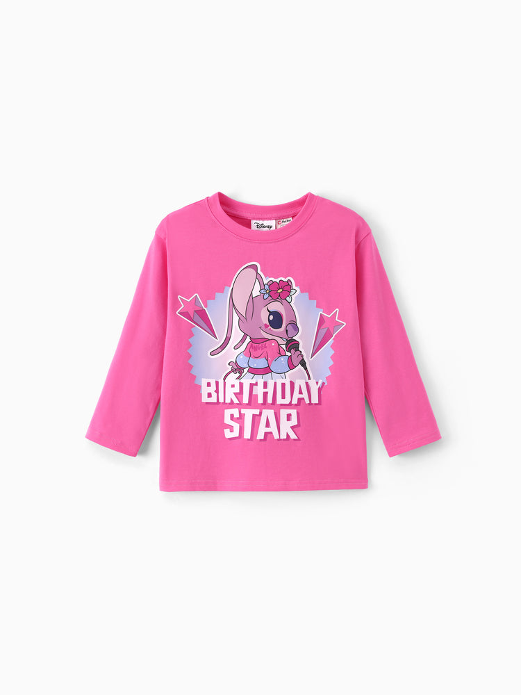 Disney Stitch Angel Birthday Star Girls' Long-Sleeve T-Shirt Pink