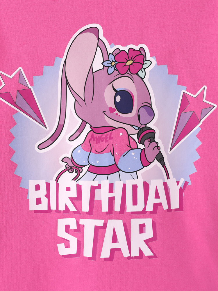 Disney Stitch Angel Birthday Star Girls' Long-Sleeve T-Shirt Pink
