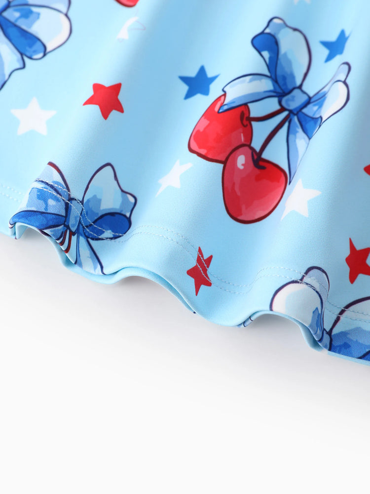 Independence Day Toddler Girls Patriotic Cherry/Star Print Casual Sleeveless Dress Light Blue