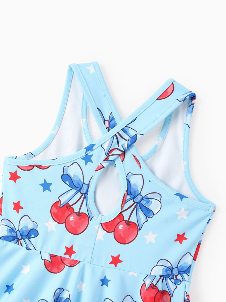 Independence Day Toddler Girls Patriotic Cherry/Star Print Casual Sleeveless Dress Light Blue