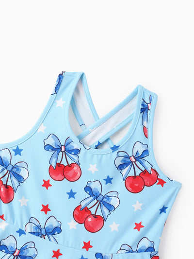 Independence Day Toddler Girls Patriotic Cherry/Star Print Casual Sleeveless Dress Light Blue