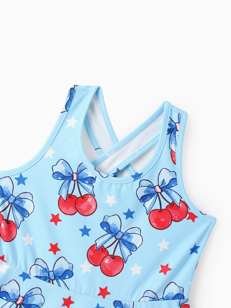 Independence Day Toddler Girls Patriotic Cherry/Star Print Casual Sleeveless Dress Light Blue