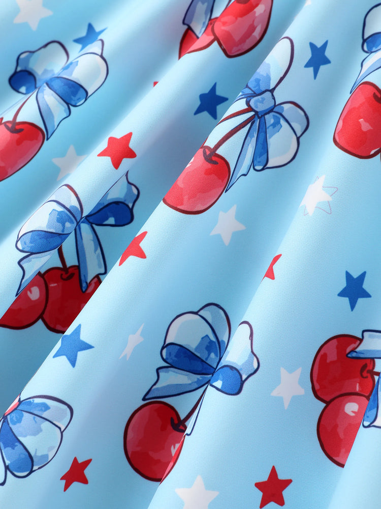 Independence Day Toddler Girls Patriotic Cherry/Star Print Casual Sleeveless Dress Light Blue