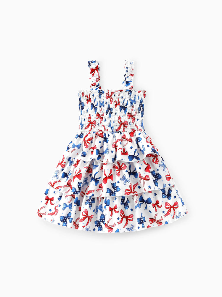 Independence Day Toddler Girls Patriotic Bow Print Smocking Dress White