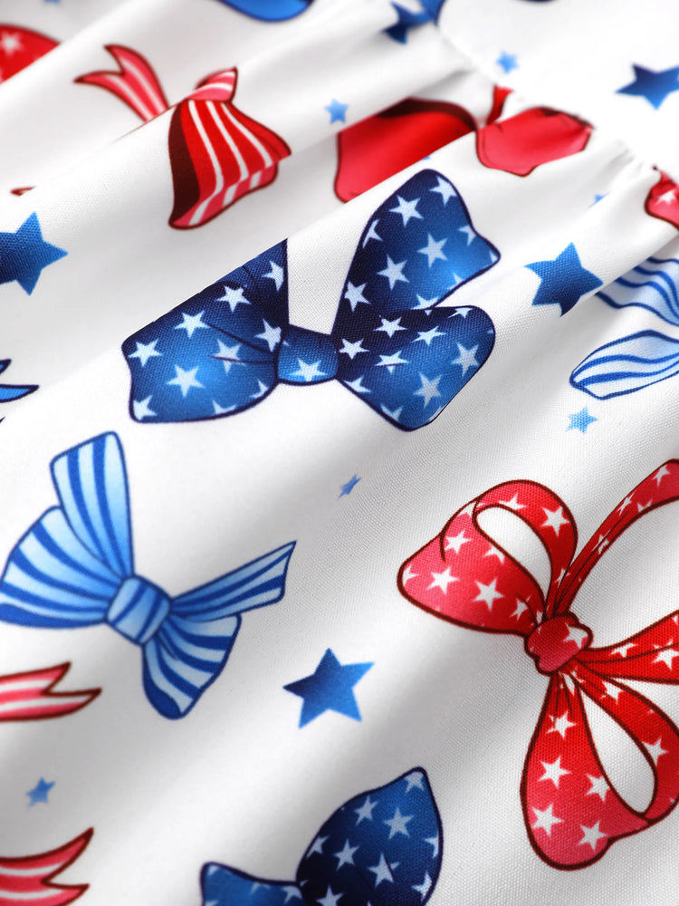 Independence Day Toddler Girls Patriotic Bow Print Smocking Dress White