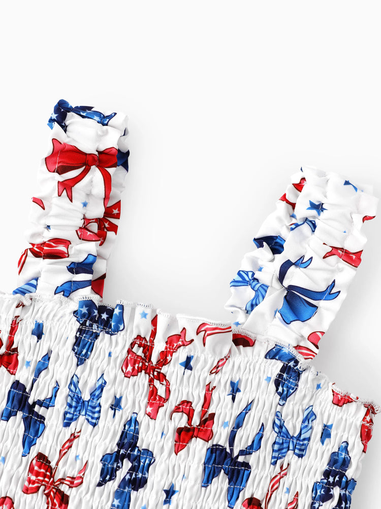 Independence Day Toddler Girls Patriotic Bow Print Smocking Dress White