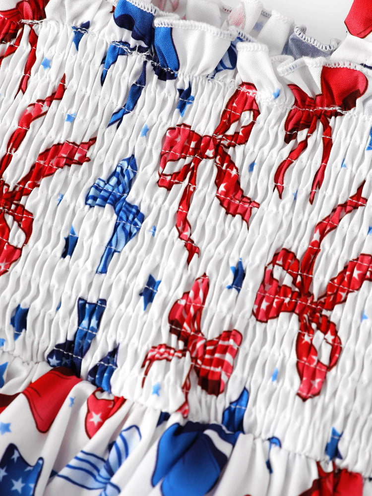 Independence Day Toddler Girls Patriotic Bow Print Smocking Dress White