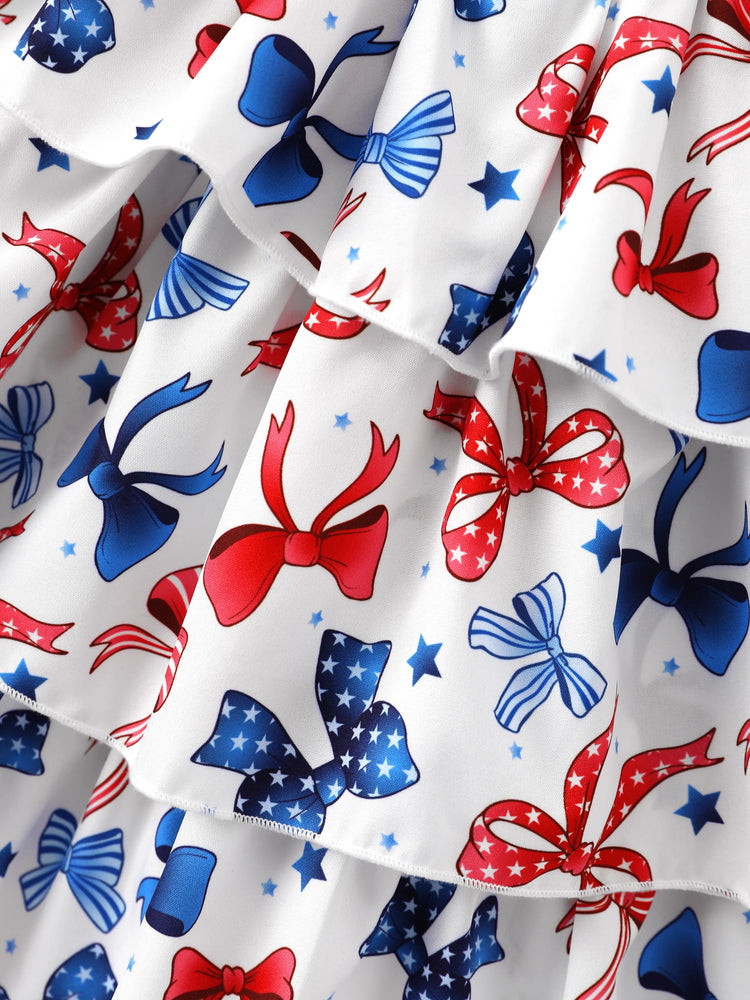 Independence Day Toddler Girls Patriotic Bow Print Smocking Dress White