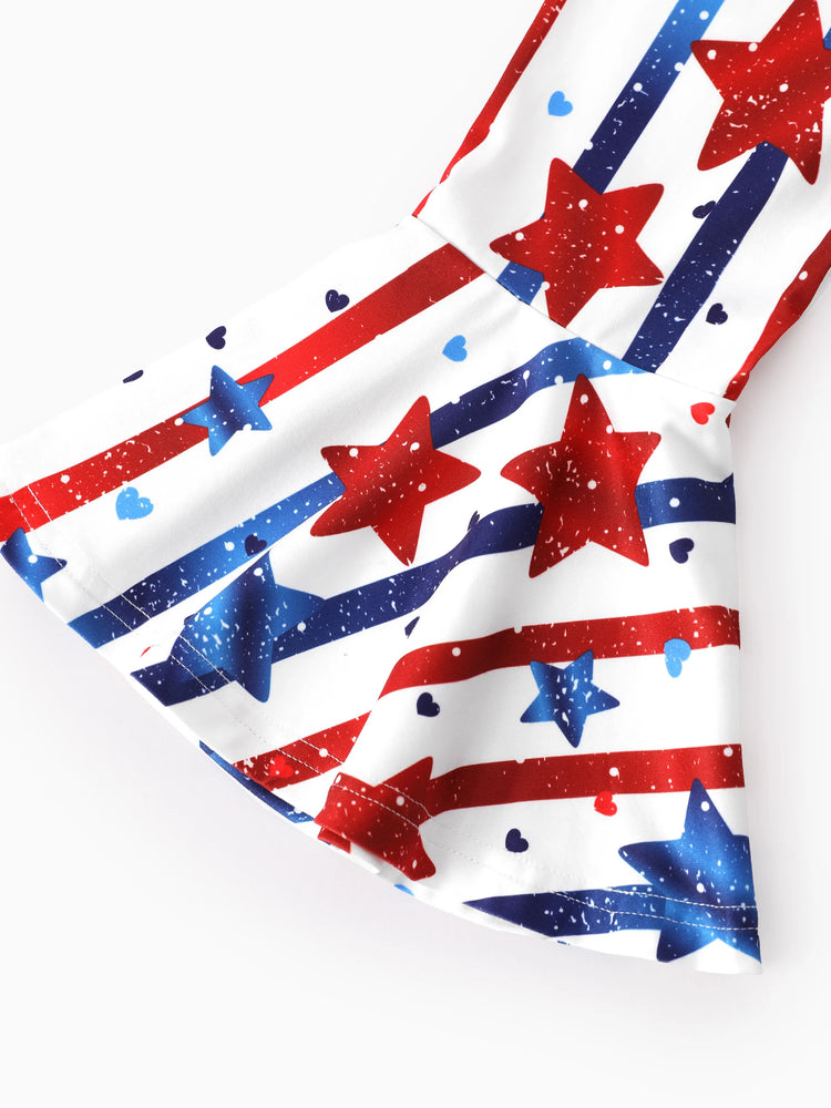Independence Day Toddler Girls 2pcs Patriotic Bow Print Top and Star Printed Flare Pants Set White