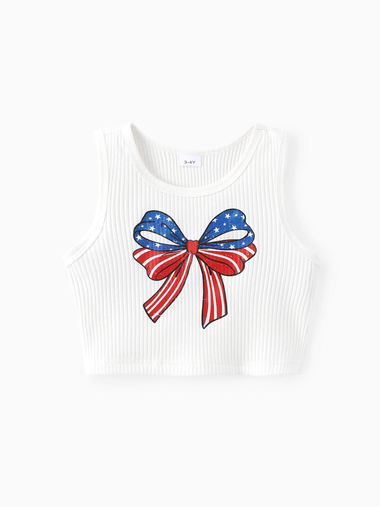Independence Day Toddler Girls 2pcs Patriotic Bow Print Top and Star Printed Flare Pants Set White