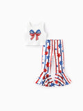 Ensemble 2 pièces pour tout-petites filles, haut imprimé nœud patriotique et pantalon évasé imprimé étoile, blanc