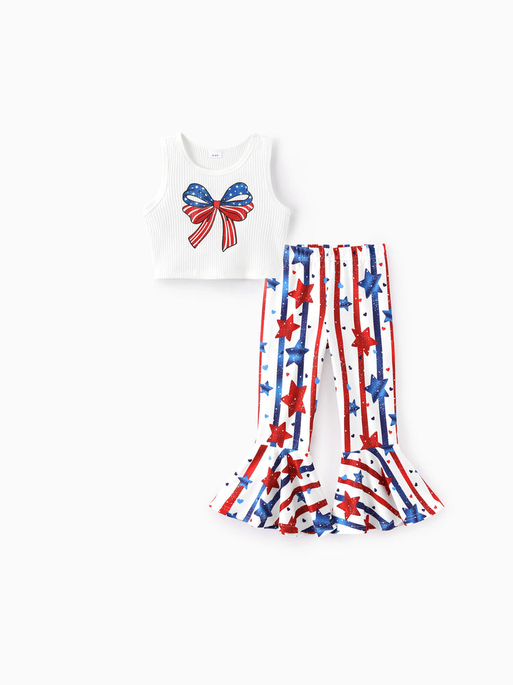 Independence Day Toddler Girls 2pcs Patriotic Bow Print Top and Star Printed Flare Pants Set White