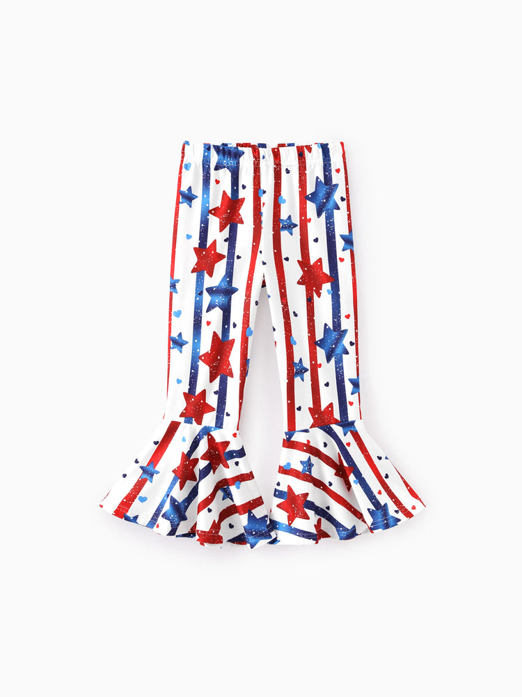 Independence Day Toddler Girls 2pcs Patriotic Bow Print Top and Star Printed Flare Pants Set White