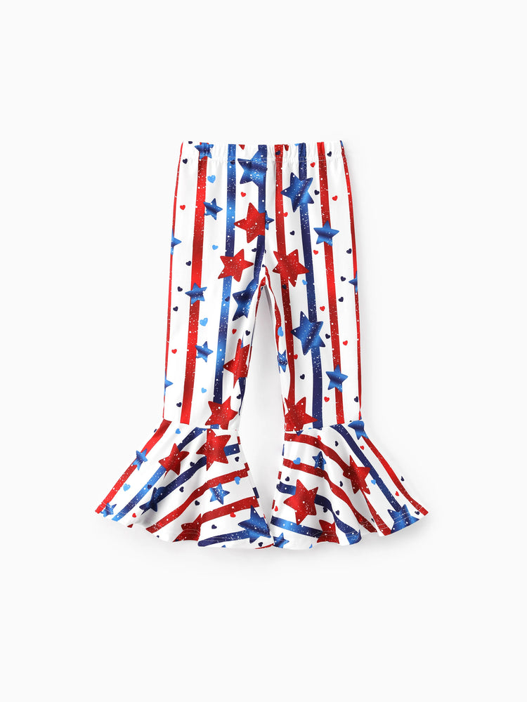 Independence Day Toddler Girls 2pcs Patriotic Bow Print Top and Star Printed Flare Pants Set White