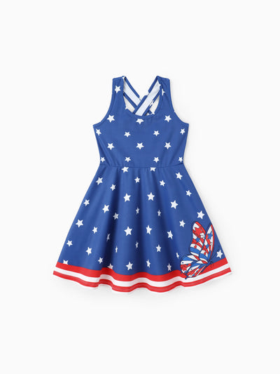 Independence Day Toddler Girls Patriotic Cherry/Star Print Casual Sleeveless Dress Dark Blue
