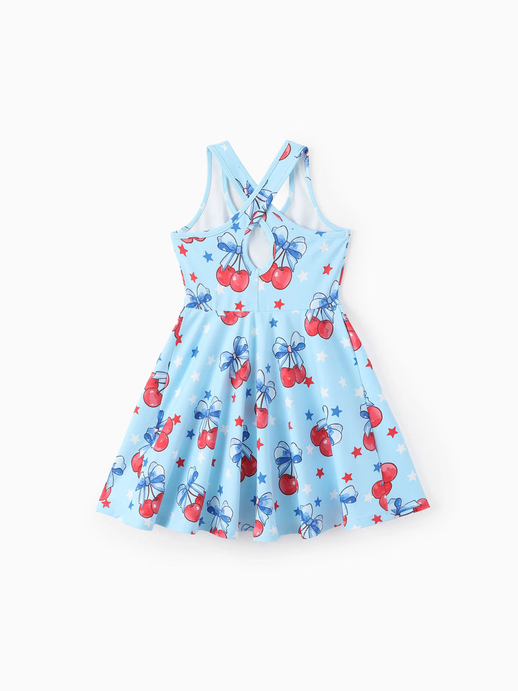 Independence Day Toddler Girls Patriotic Cherry/Star Print Casual Sleeveless Dress Light Blue
