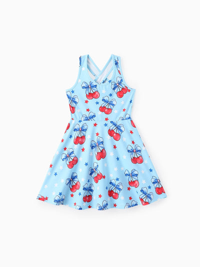 Independence Day Toddler Girls Patriotic Cherry/Star Print Casual Sleeveless Dress Light Blue