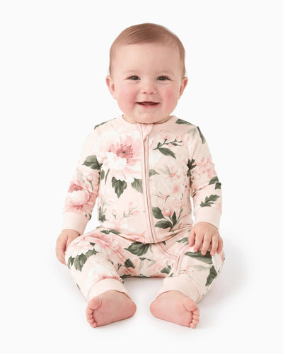 Pyjama sans pieds ajusté à fermeture éclair en mélange floral neutre en bambou pour bébé, rose clair