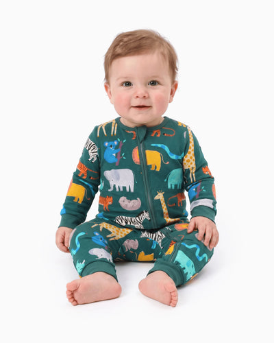 Pyjama sans pieds ajusté à fermeture éclair en mélange cartoon neutre en bambou pour bébé, vert foncé