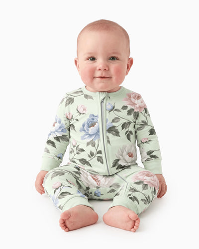 Pyjama sans pieds ajusté à fermeture éclair en mélange floral neutre en bambou pour bébé, vert clair