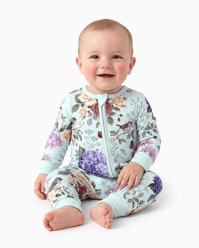 Pyjama sans pieds ajusté à fermeture éclair en mélange floral neutre en bambou pour bébé, vert menthe