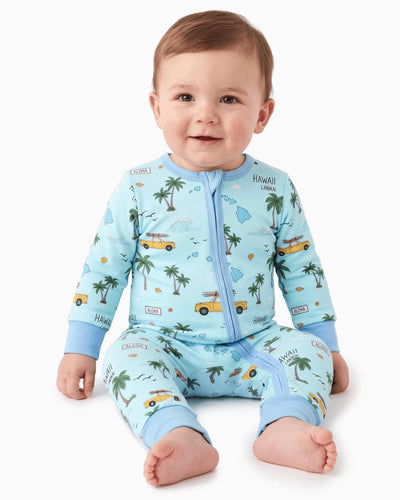 Pyjama sans pieds ajusté à fermeture éclair en mélange cartoon neutre en bambou pour bébé, bleu