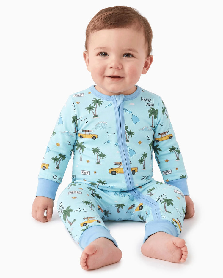 Pyjama sans pieds ajusté à fermeture éclair en mélange cartoon neutre en bambou pour bébé, bleu