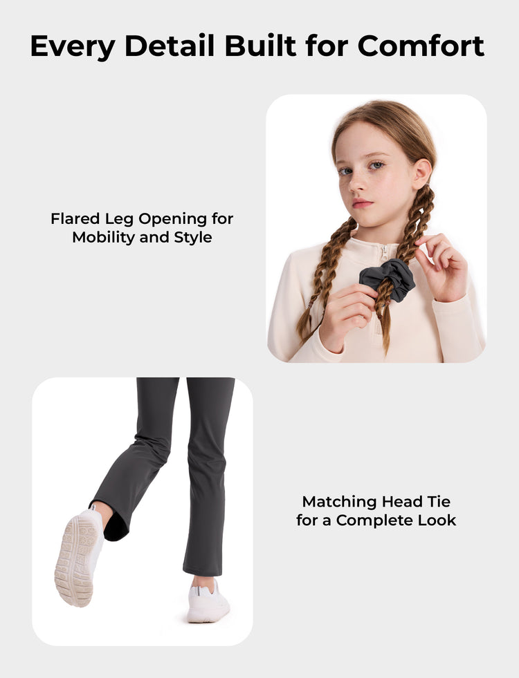 Girl's Leggings High-Waist Flared Yoga Pants with Complimentary Matching Scrunchie Dark Grey