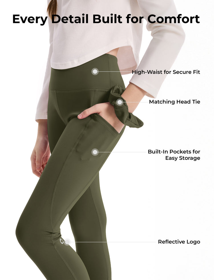 Girl's Leggings High-Waist Yoga Pants Solid Color Leggings with Complimentary Matching Scrunchie Army green