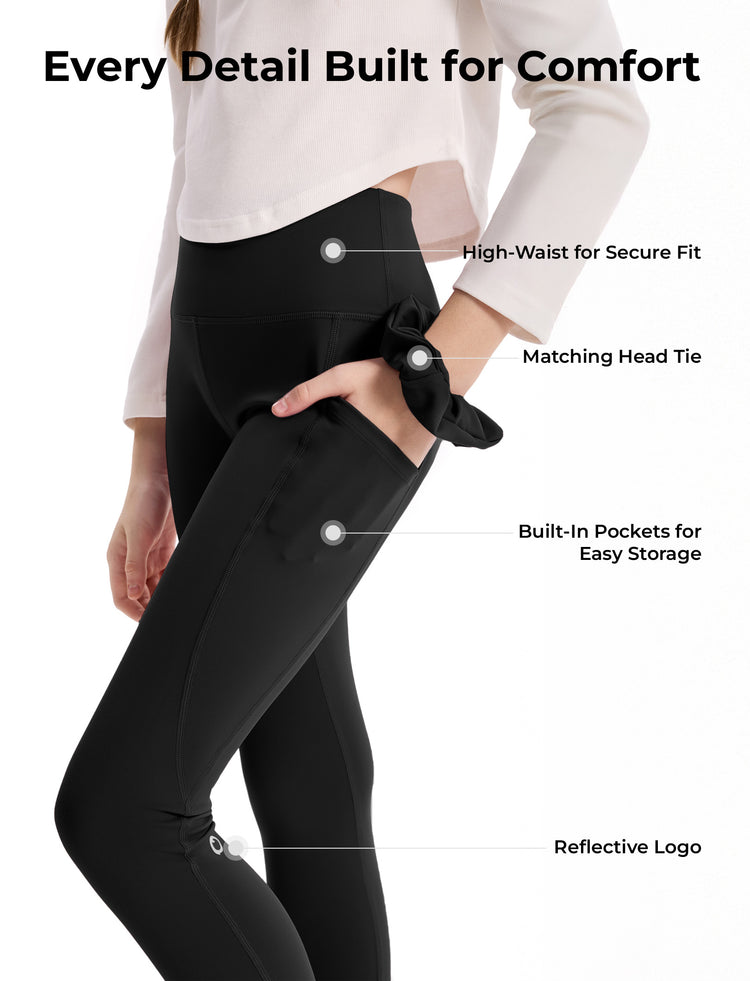 Leggings de yoga taille haute pour fille, couleur unie, avec chouchou assorti offert, noir