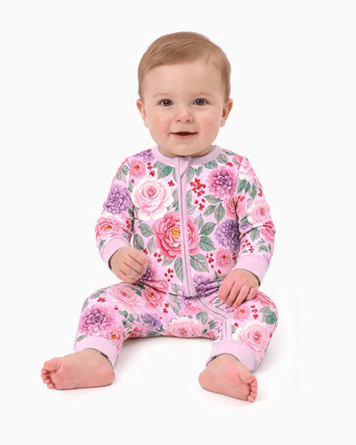 Pyjama sans pieds ajusté à fermeture éclair en mélange floral neutre en bambou pour bébé, rose foncé