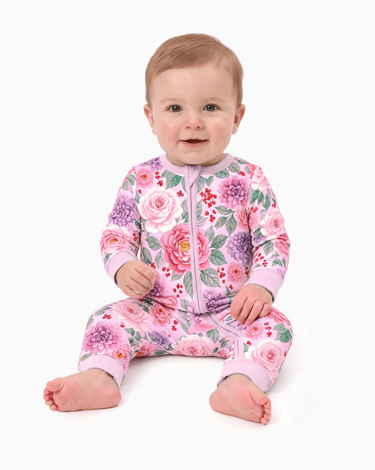 Pyjama sans pieds ajusté à fermeture éclair en mélange floral neutre en bambou pour bébé, rose foncé
