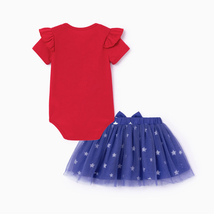 Independence Day Baby Girl 2pcs Patriotic Flutter Sleeve Bodysuit and Tulle Skirt Set with Headband Red