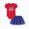 Independence Day Baby Girl 2pcs Patriotic Flutter Sleeve Bodysuit and Tulle Skirt Set with Headband Red