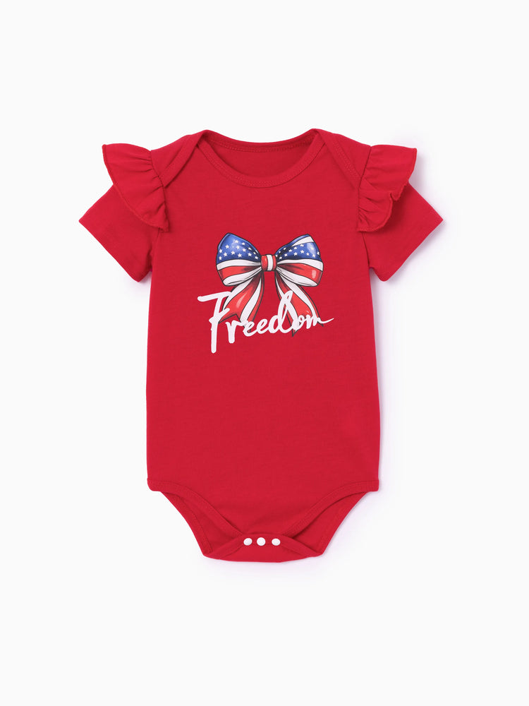 Independence Day Baby Girl 2pcs Patriotic Flutter Sleeve Bodysuit and Tulle Skirt Set with Headband Red