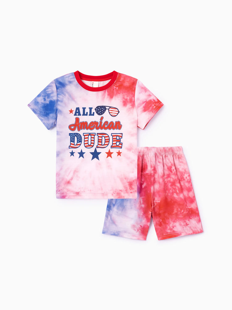 Independence Day Toddler Boy 2pcs Patriotic Tie-Dye T-Shirt with Shorts Sporty Set Red