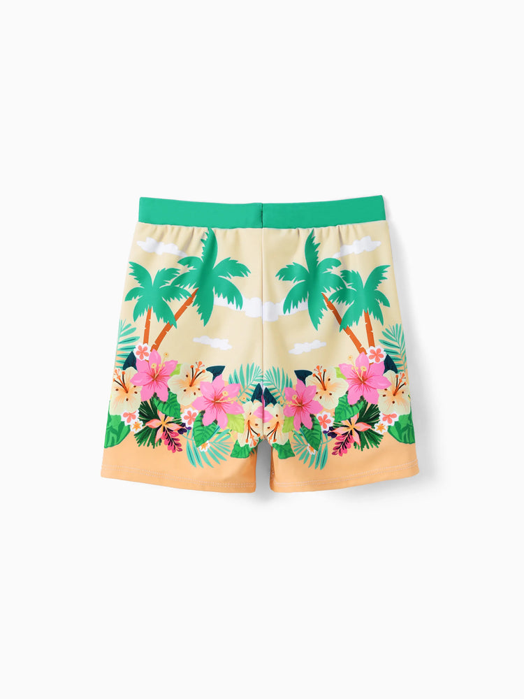 Mommy & me Tropical Palm Print Swim Trunks or Long Sleeve Rash Guard Swimsuit Turquoise