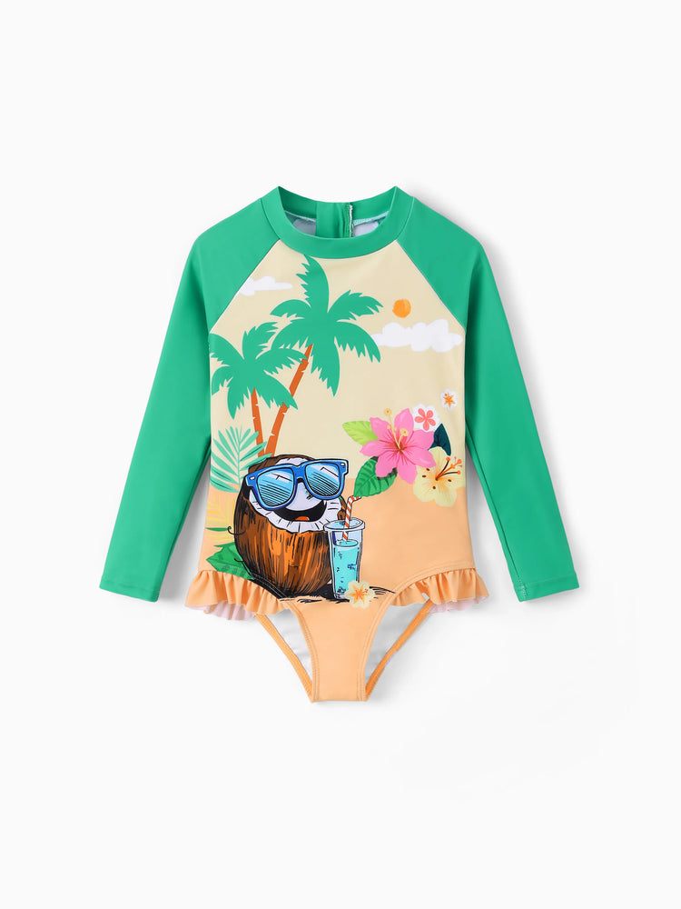 Mommy & me Tropical Palm Print Swim Trunks or Long Sleeve Rash Guard Swimsuit Turquoise